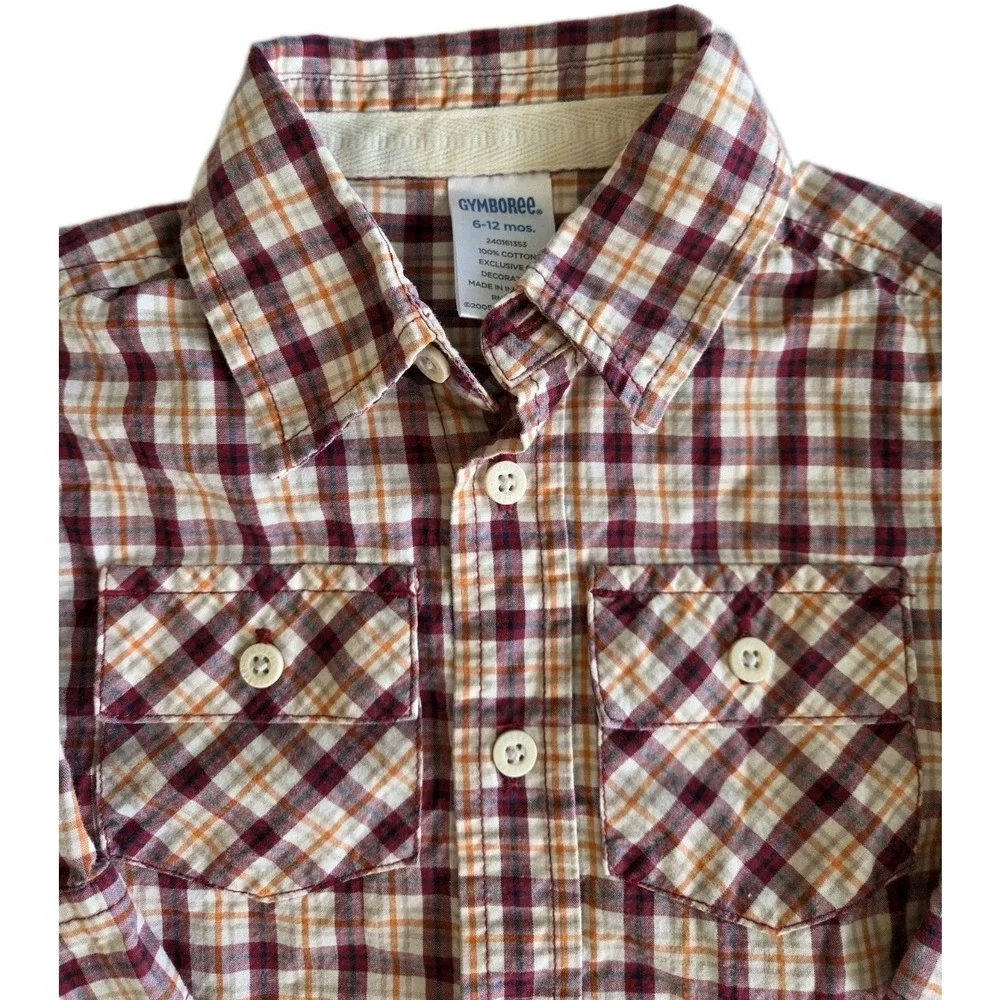 Gymboree Long Sleeve Button Down Shirt Maroon Beige Plaid Boys Size 6-12 Months